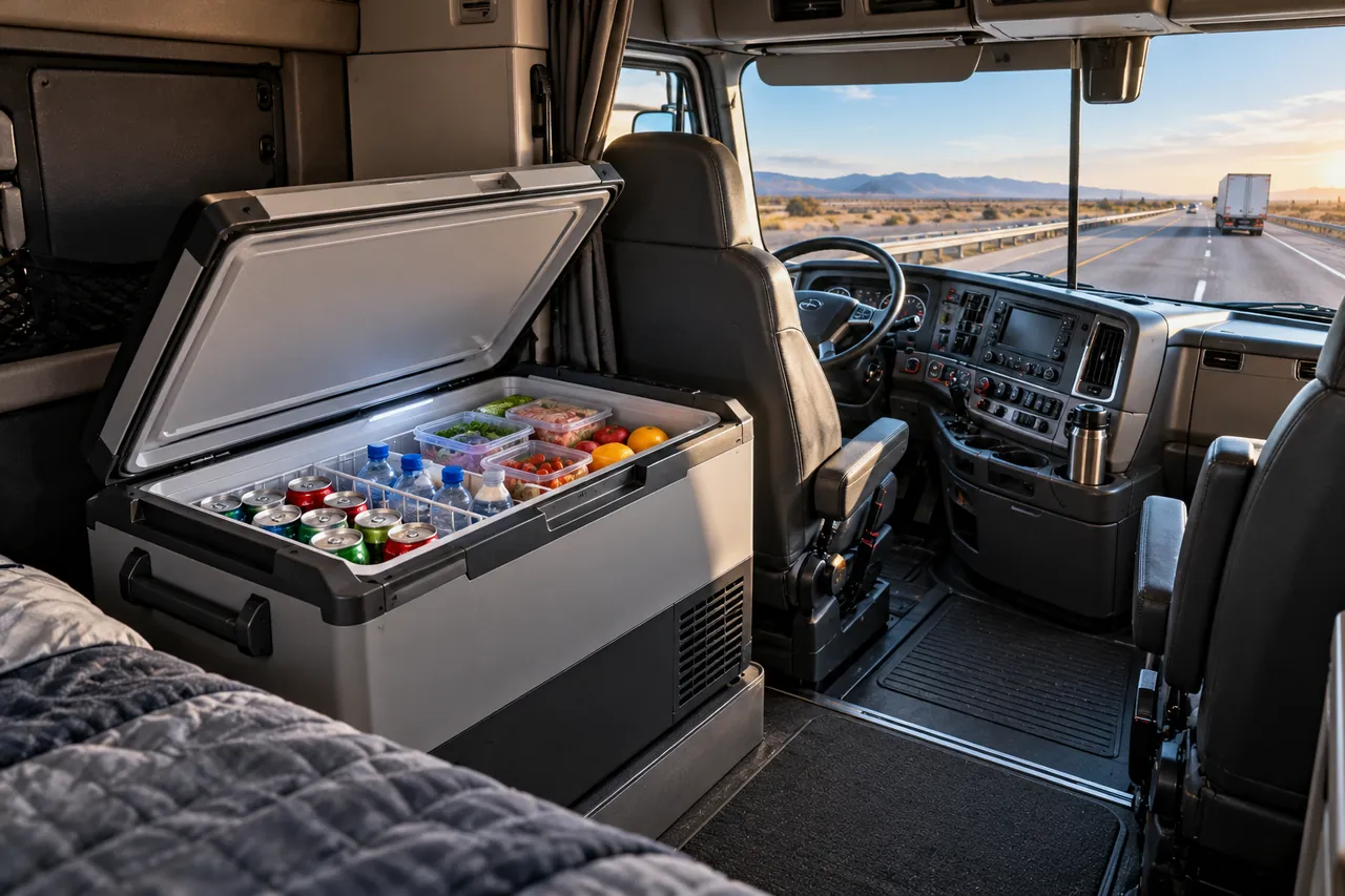 Portable 12V fridge freezer strapped in the back of a delivery van with chilled food inside