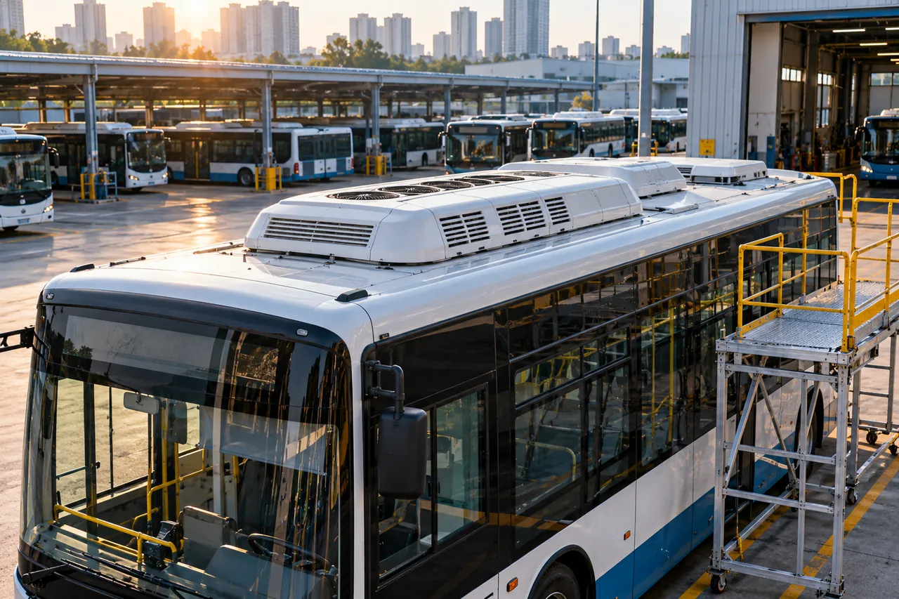 Rooftop bus air conditioning system unit on a white city bus parked in a depot