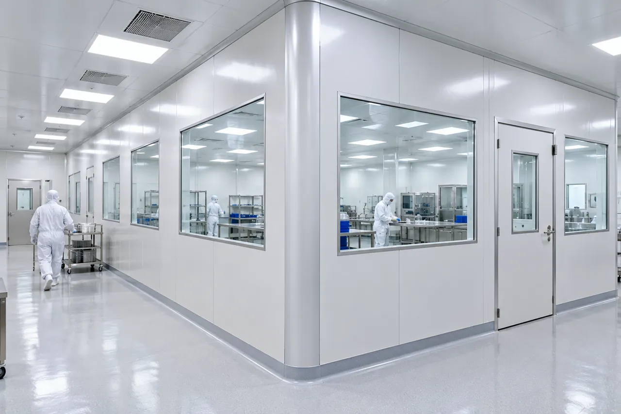 Cleanroom panels forming a modular pharmaceutical clean room with flush windows and coved corners