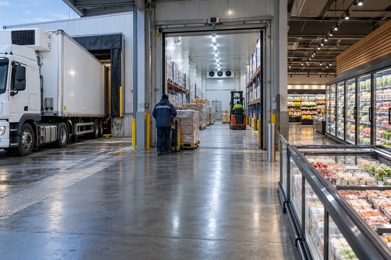 Cold chain equipment at a warehouse dock: insulated cold room panels, door and refrigerated truck loading pallets