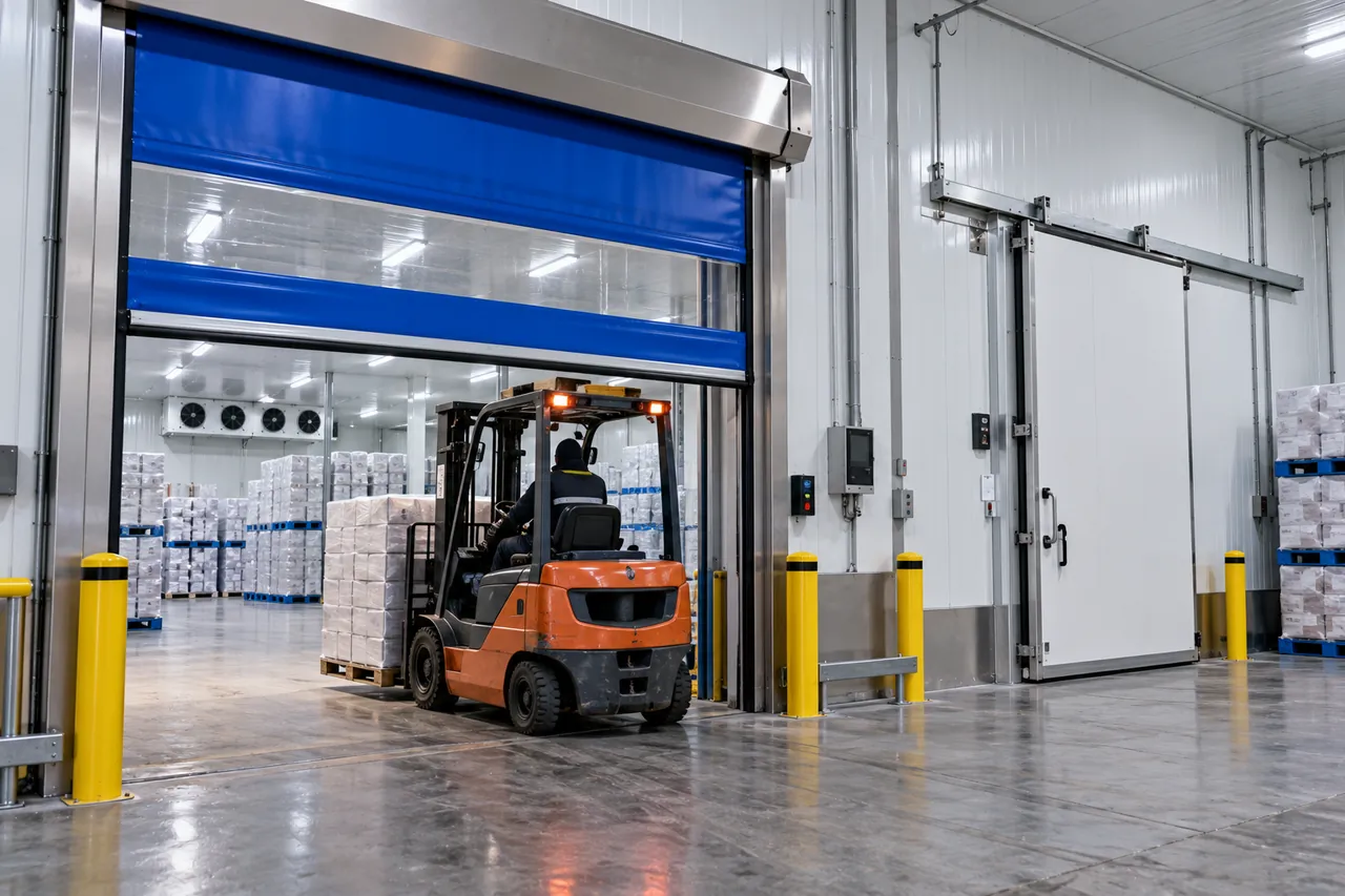 High speed roll up door opening into a cold storage freezer room, mist at the threshold and forklift beyond