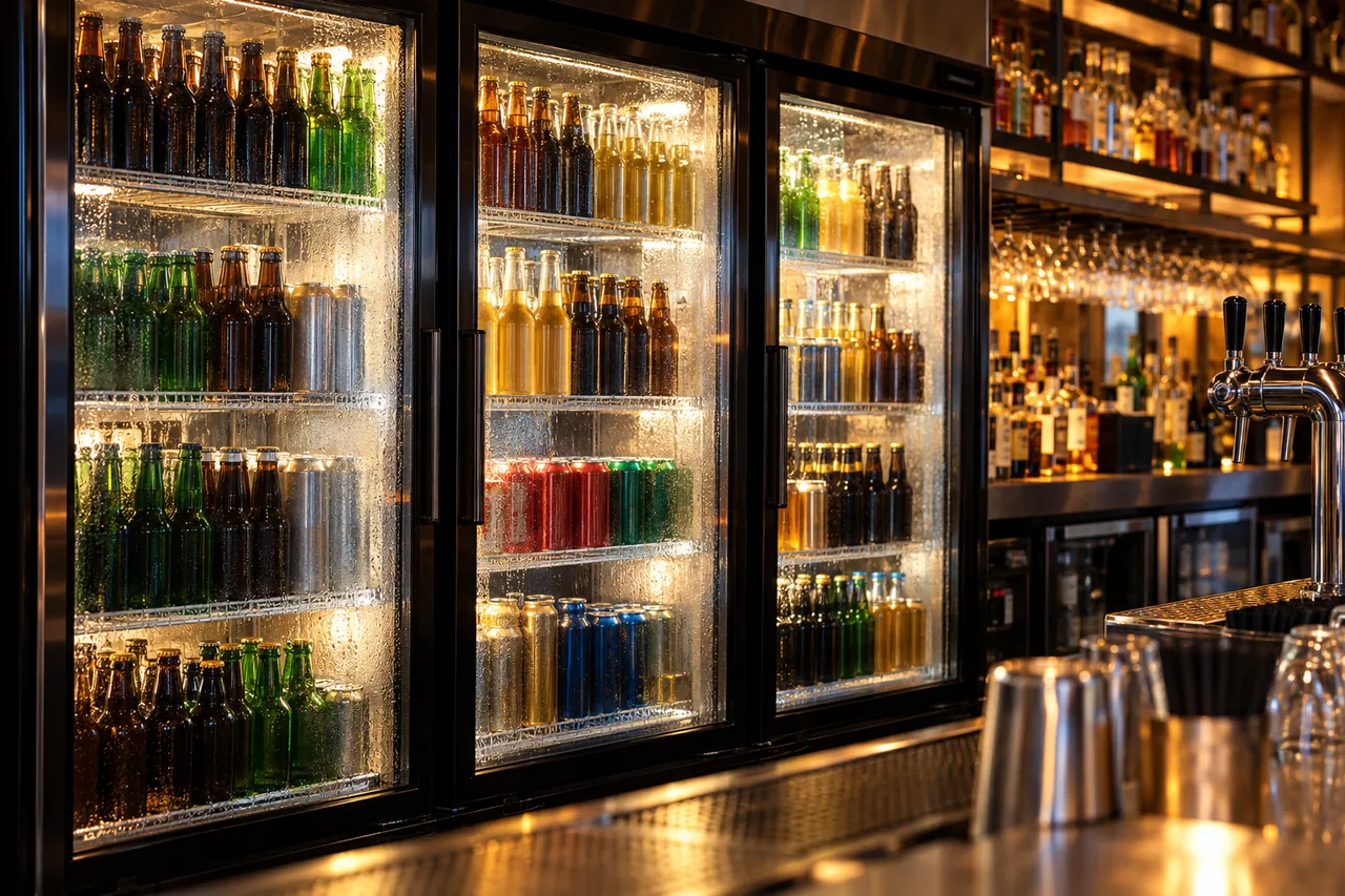 Row of glass door commercial beer coolers stocked with cans and bottles in a convenience store