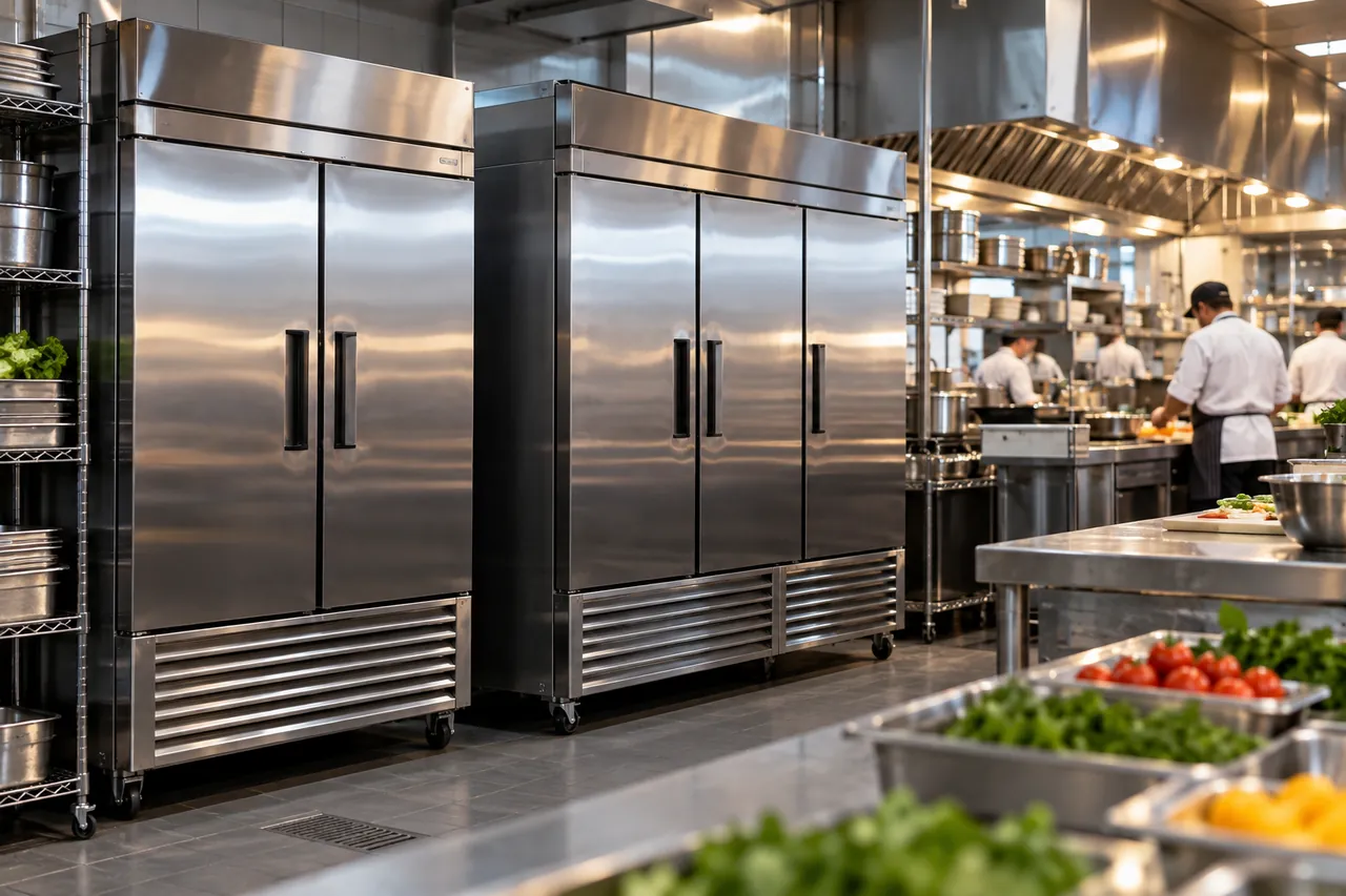 Stainless steel two-door and three-door commercial fridge reach-ins in a restaurant kitchen, one door open