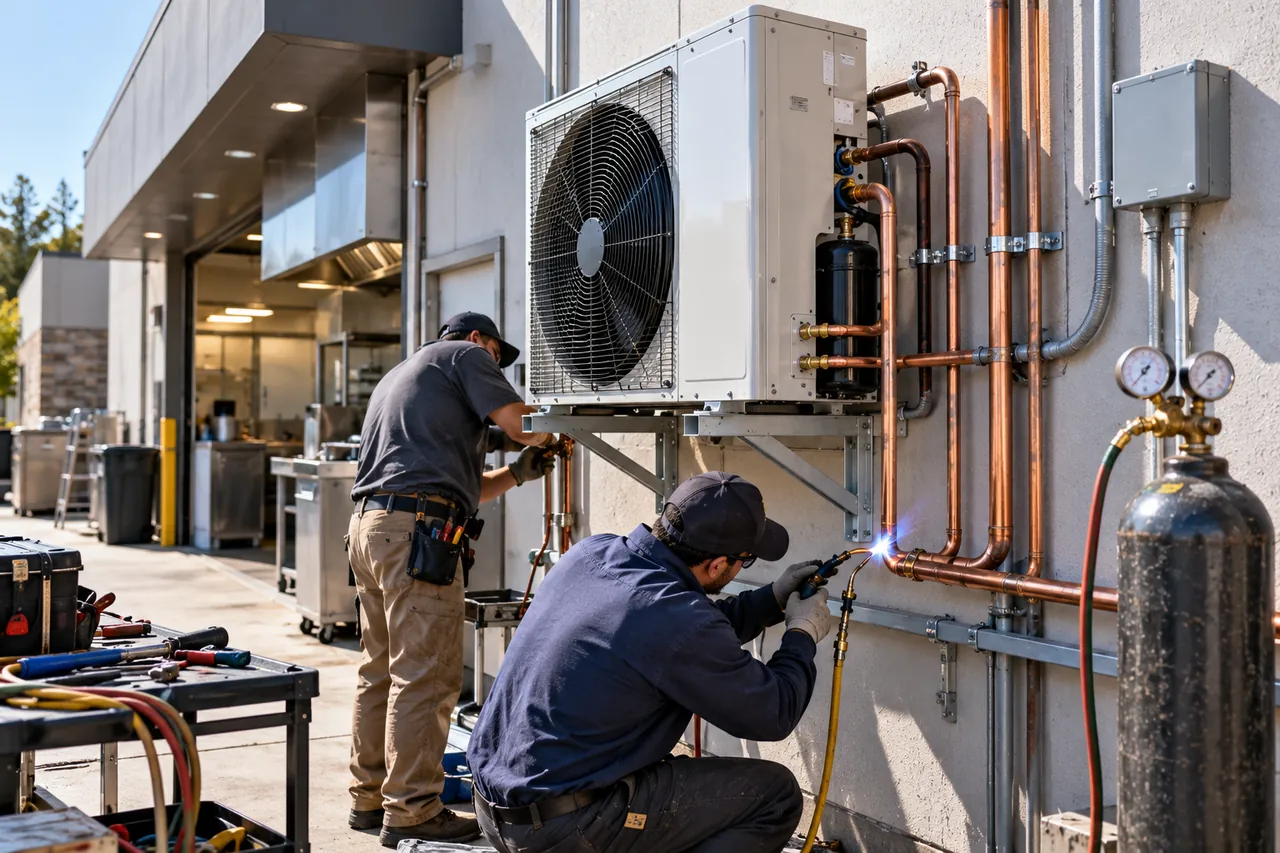 Commercial refrigeration installation of a walk-in cooler with panels, copper piping and vacuum pump