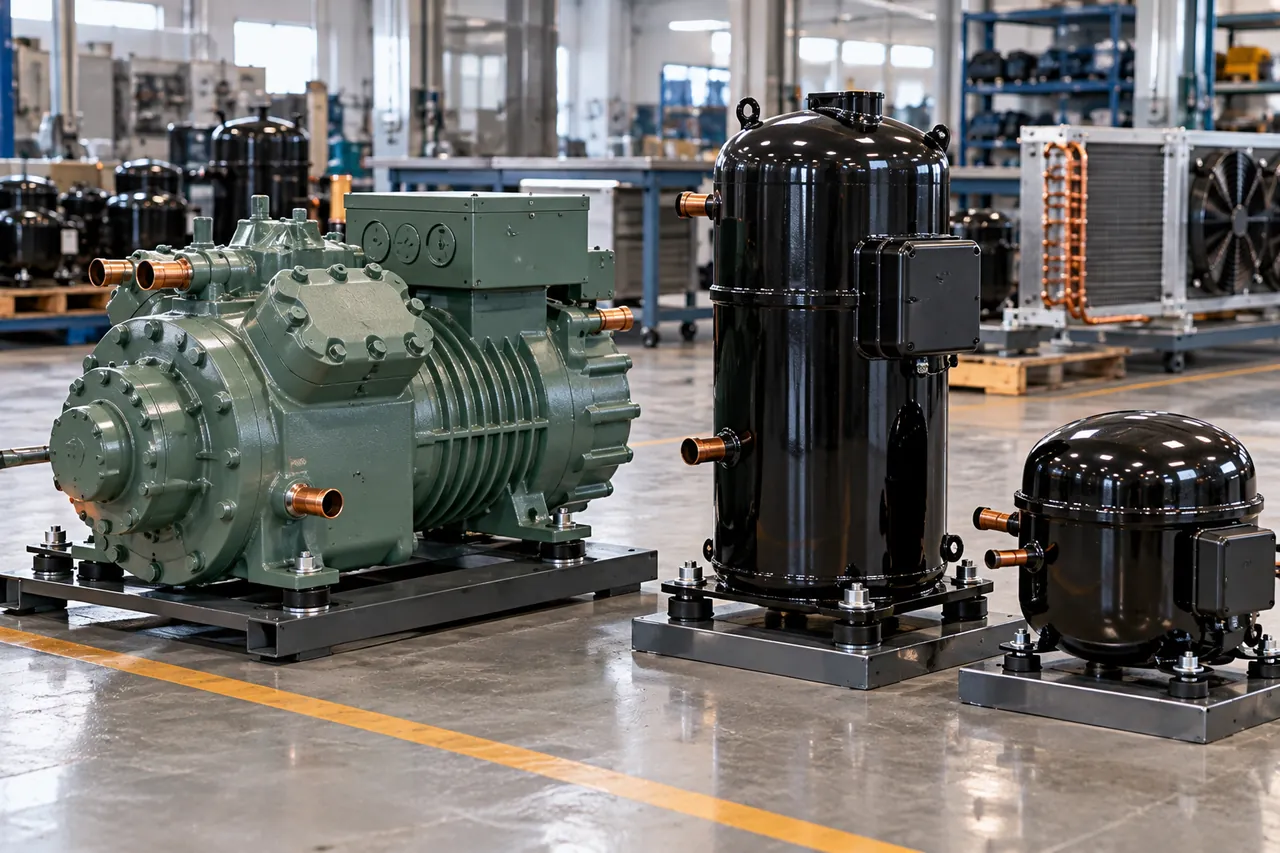 Semi-hermetic and hermetic scroll compressors in a refrigeration plant room for cold storage