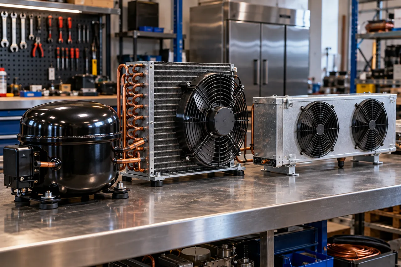 Condenser vs evaporator vs compressor: outdoor condensing unit and walk-in cold room evaporator coil