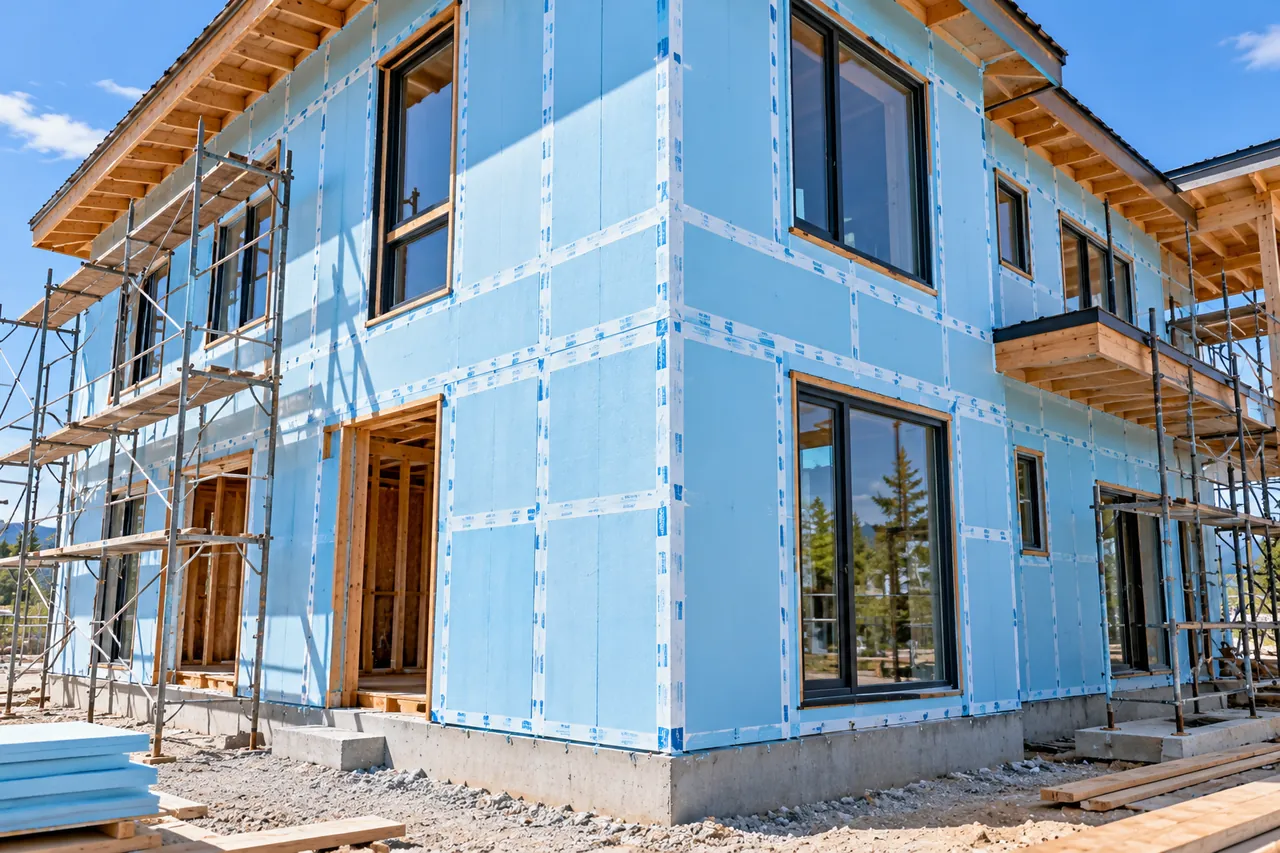 Continuous exterior insulation: rigid foam board over wall sheathing with taped seams and furring strips