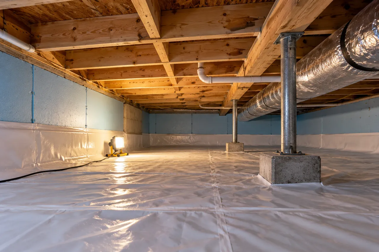 Crawl space insulation with rigid foam board on foundation walls and a sealed vapor barrier on the ground