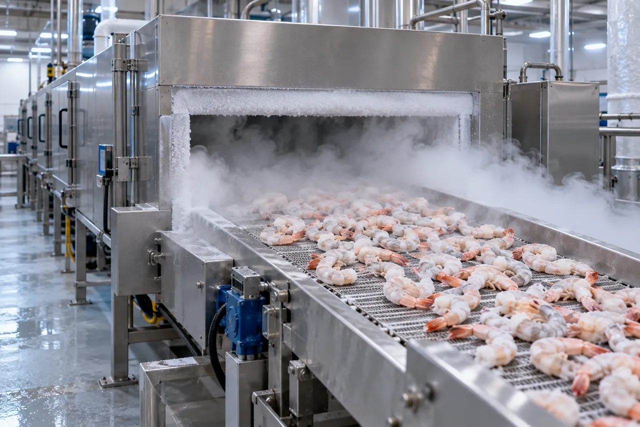 Cryogenic freezer tunnel releasing liquid nitrogen vapour as shrimp enter on a belt in a food plant