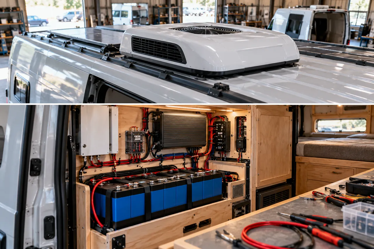 Van with rooftop battery powered air conditioner and solar panels parked off grid, insulated interior visible