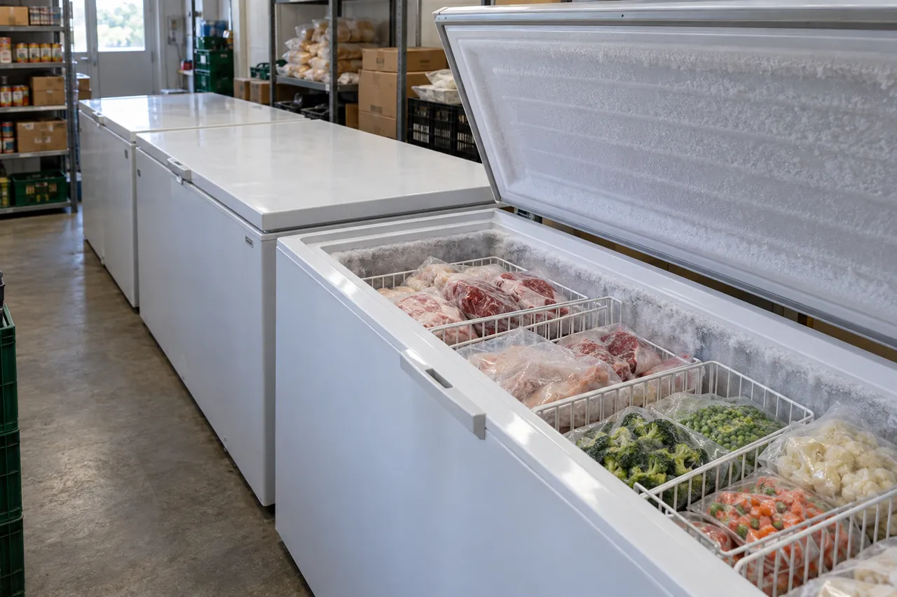 Open chest deep freezer in a shop storeroom with baskets of wrapped frozen food