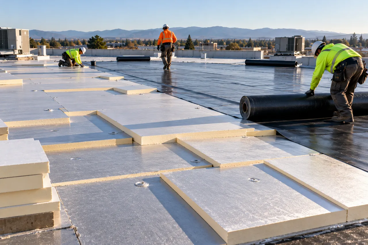 Flat roof insulation being laid: foil-faced tapered PIR boards around a roof drain on a commercial steel deck