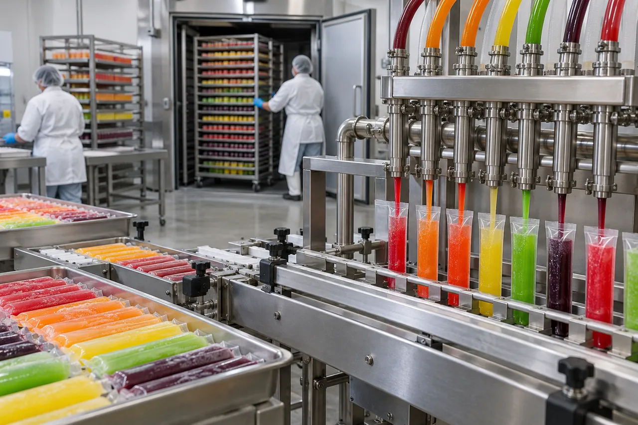 Freezer pops in filled plastic tubes on a production line beside a brine-tank ice pop machine