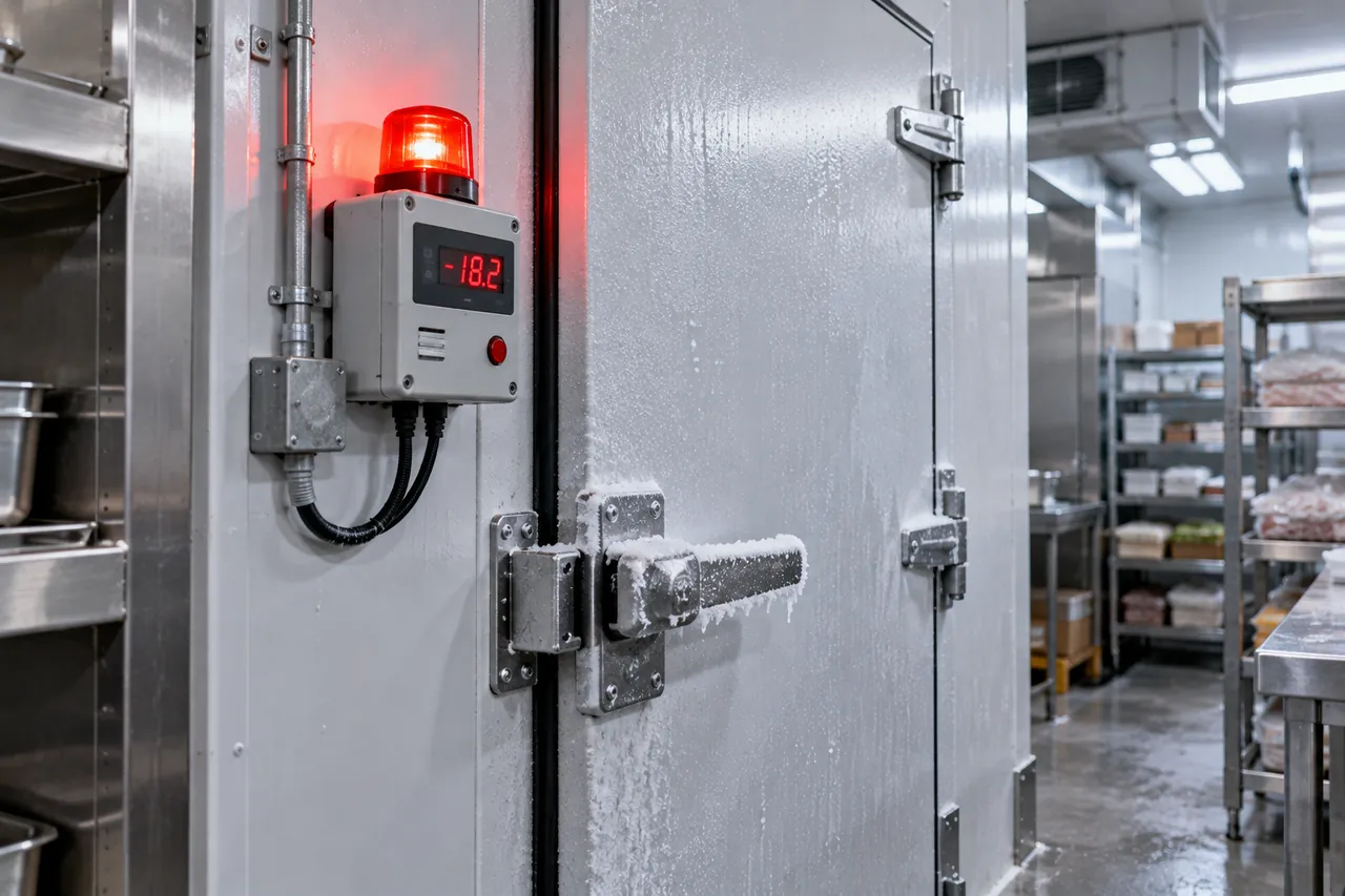 Freezer temperature alarm unit with indicator light mounted beside a commercial reach-in freezer door