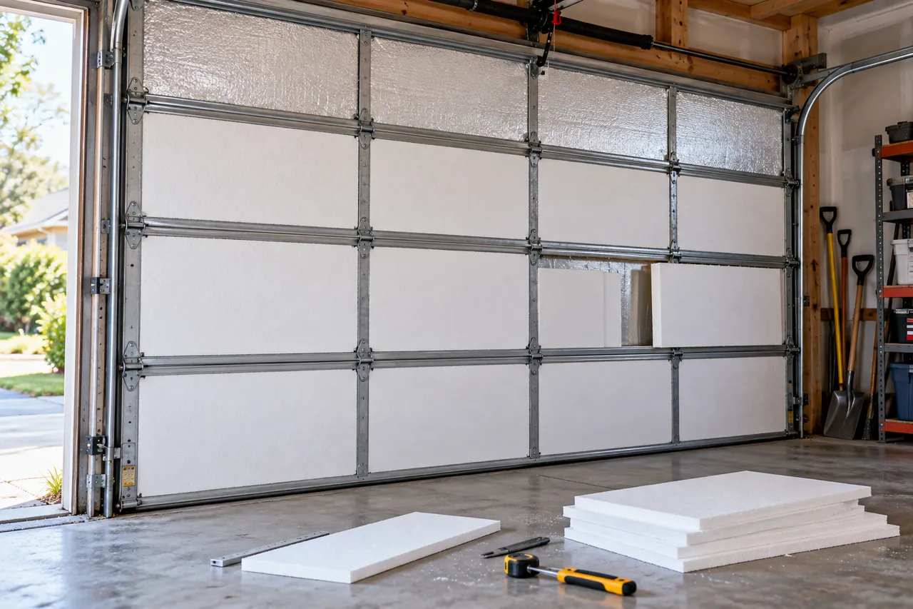 Garage door insulation: rigid foam board panels being fitted into a steel sectional garage door