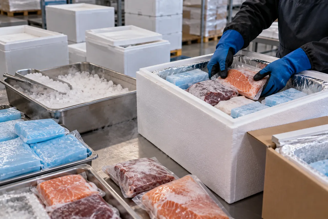 Frozen meat packed with dry ice in an insulated foam box, showing how to ship frozen food