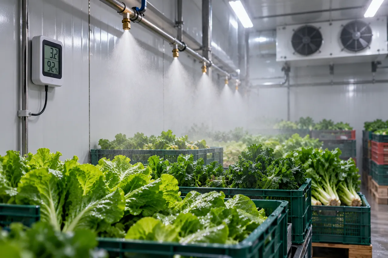 Digital hygrometer monitoring humidity in cold storage room with crates of fresh produce