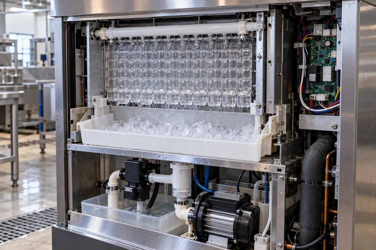 Ice maker parts inside a commercial cube ice machine: evaporator, water pump, sump and distribution tube