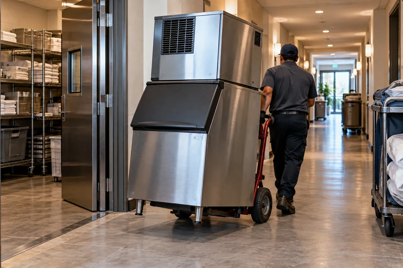 Commercial cube ice machine on a bin, typical of ice machine rental, leasing or used purchase