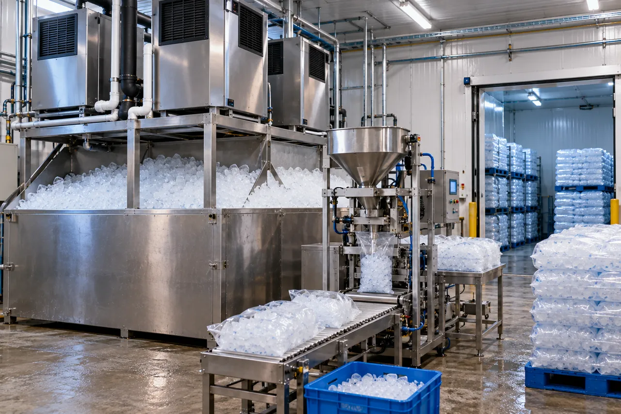 Ice manufacturing business plant with modular cube ice machines, bagging station and pallets of bagged ice