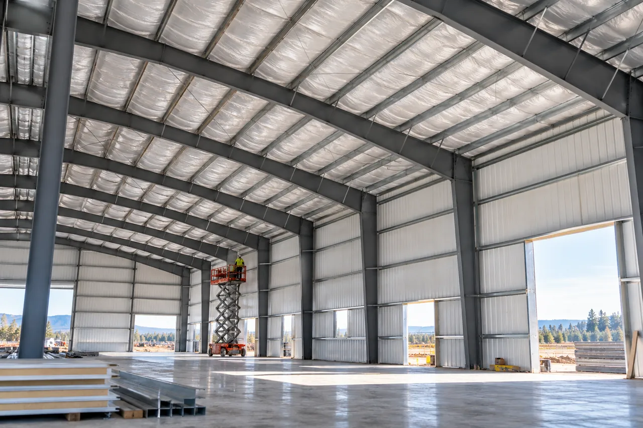 Metal building insulation in a steel warehouse: faced roof blanket and insulated wall panels on girts
