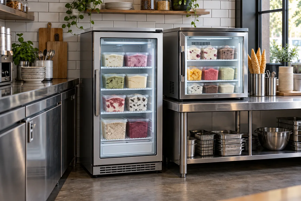 Mini freezer with glass door on a café counter stocked with ice cream, under-counter freezer below