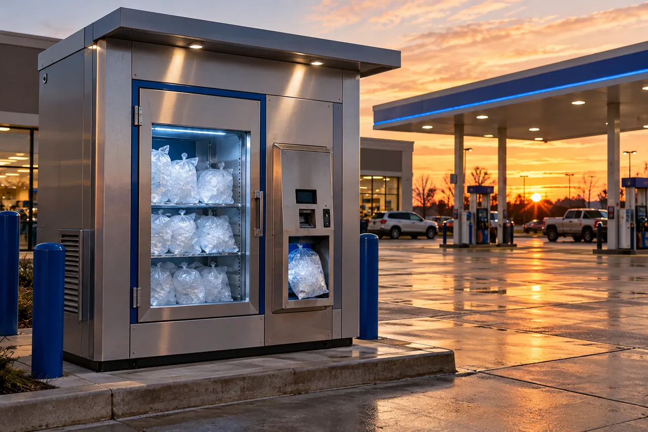 Outdoor ice maker machine built into a shaded poolside bar counter with cube ice in the bin