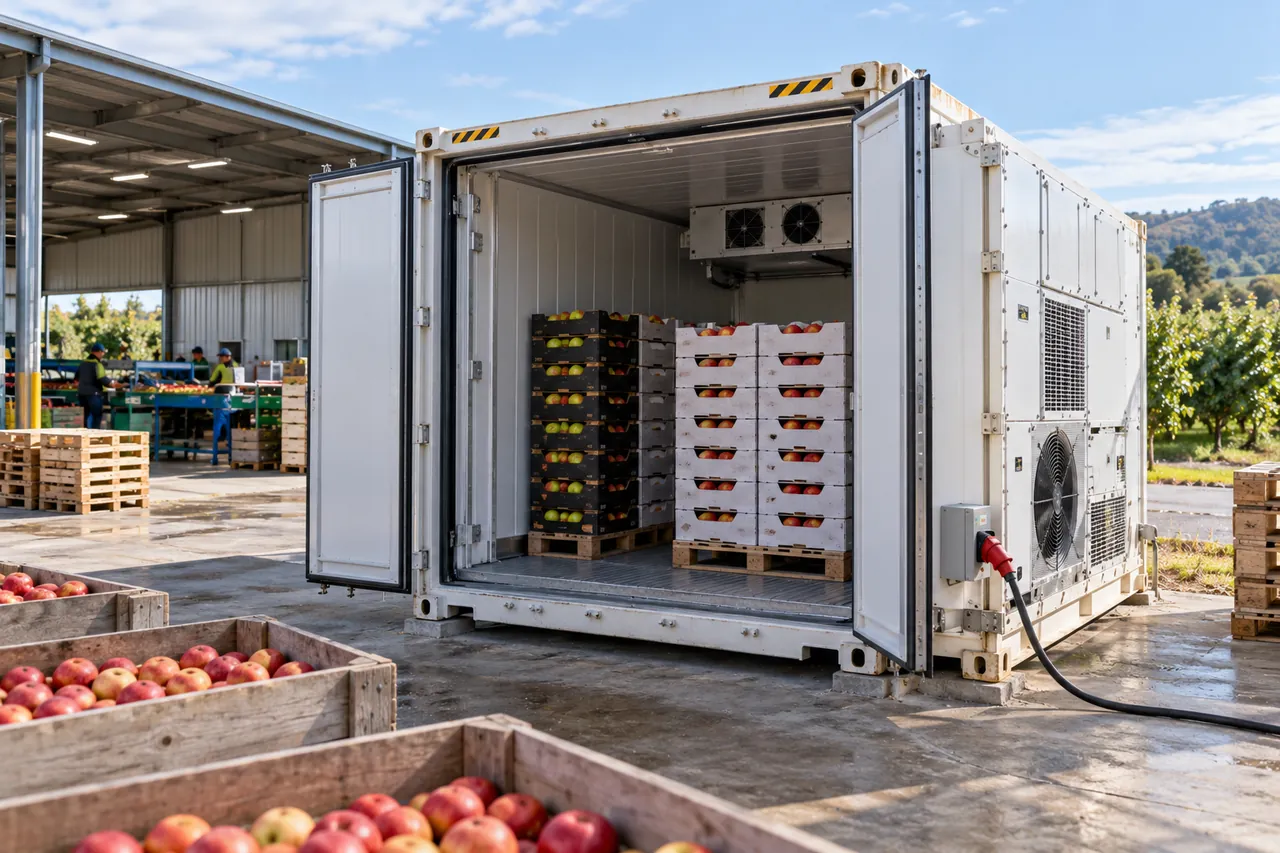 Reefer container used as on-site cold storage beside a farm packhouse with pallets inside