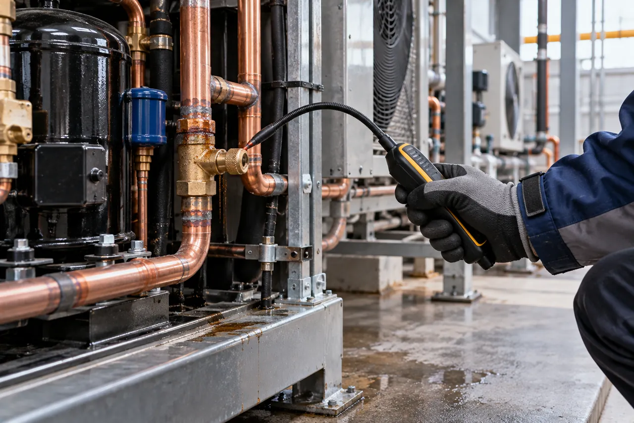 Technician checking a refrigerant leak on copper pipe joints of a condensing unit with an electronic detector