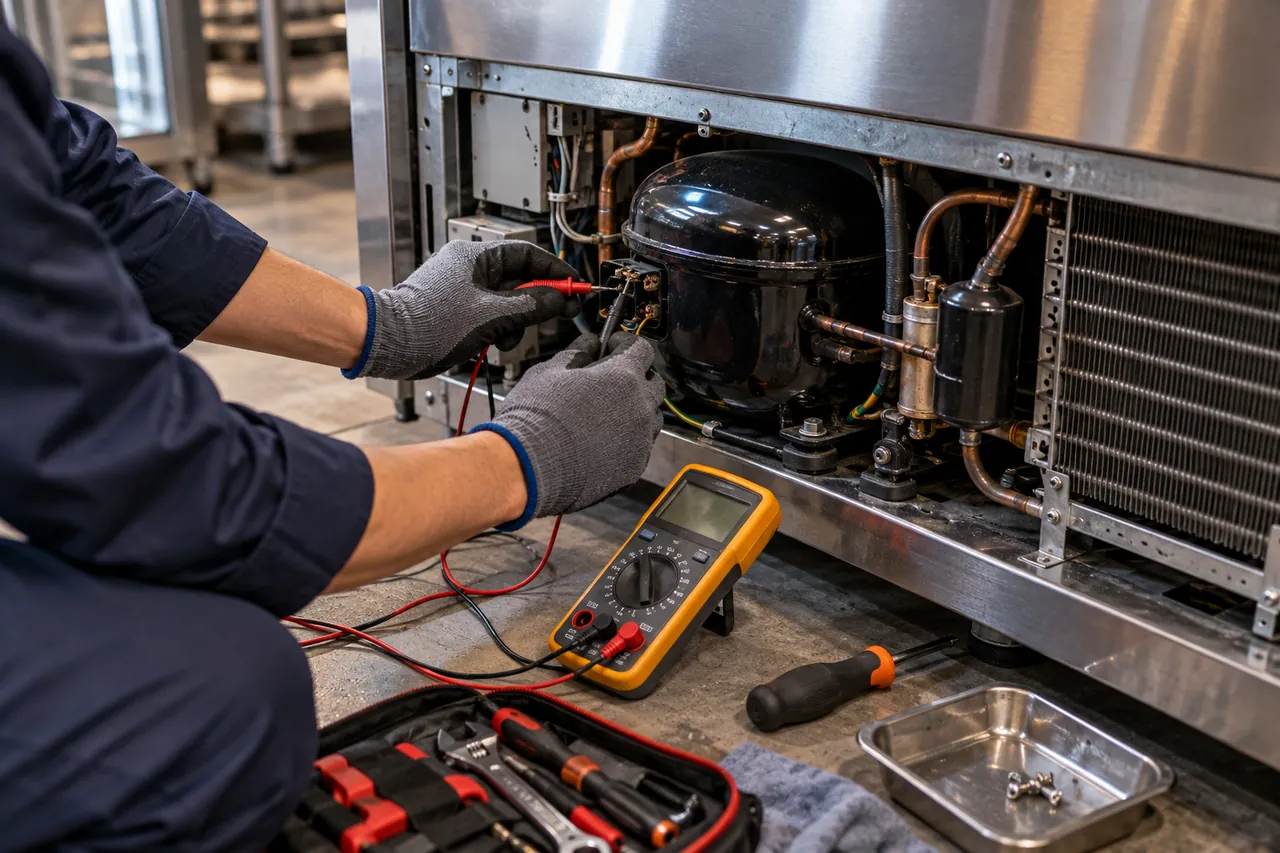 Technician testing a refrigerator compressor that is not working with a multimeter on its terminals