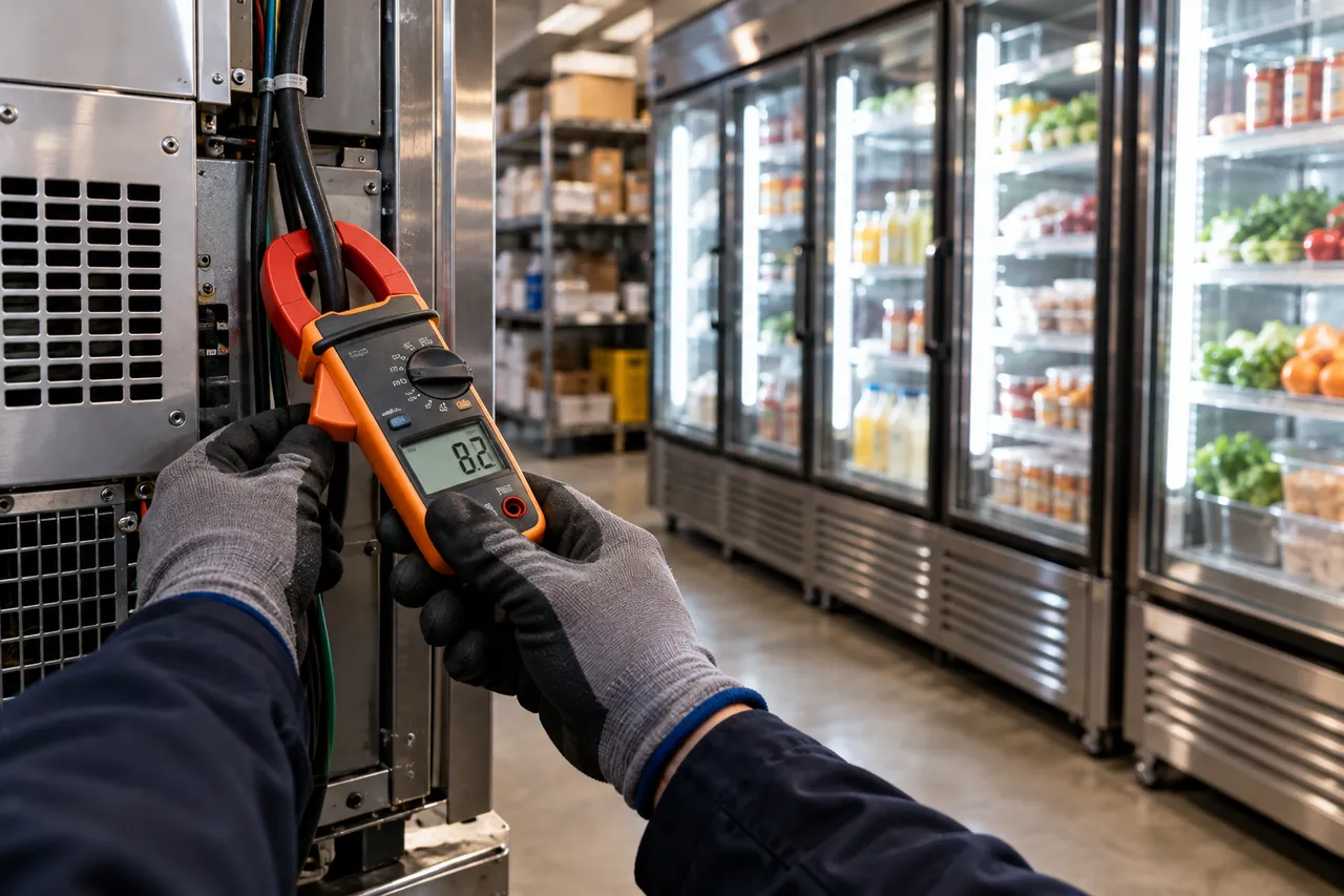 Energy meter measuring how many watts a commercial glass door refrigerator uses in a shop
