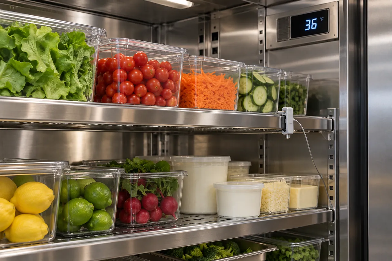 Thermometer in a glass of water checking refrigerator temperature inside a commercial kitchen fridge