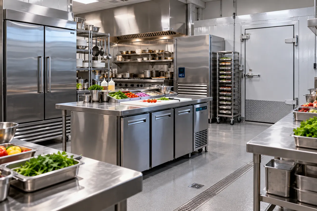 Restaurant refrigeration equipment in a commercial kitchen: walk-in cooler, prep table and blast chiller