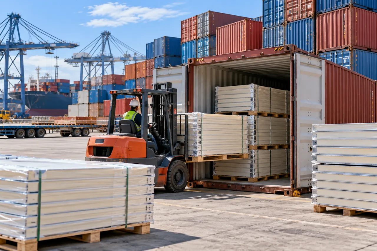 Cold room panels loaded into a 40 ft high cube container, showing shipping container sizes in use