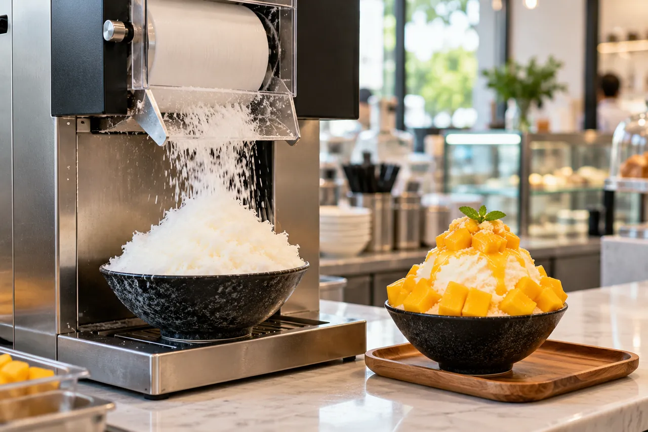 Snow flake ice making machine shaving milk snow ice into a bowl for bingsu in a dessert café