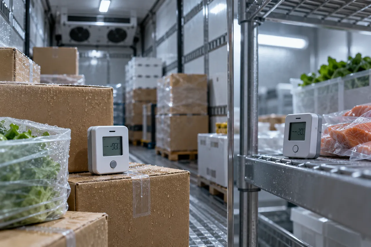 Temperature data logger with external probe mounted inside a walk-in cold room beside shelves of chilled food