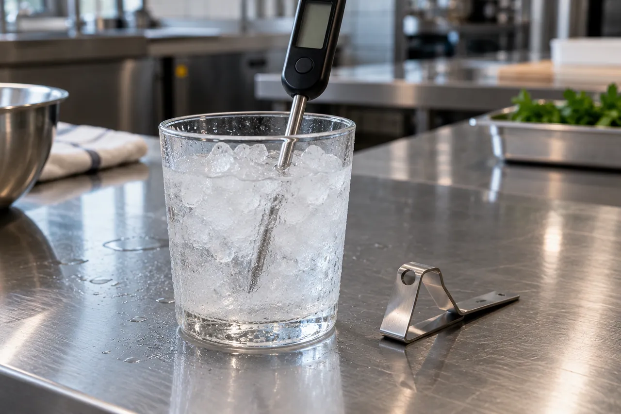 Calibrating a thermometer with the ice point method in a glass of crushed ice and water in a commercial kitchen