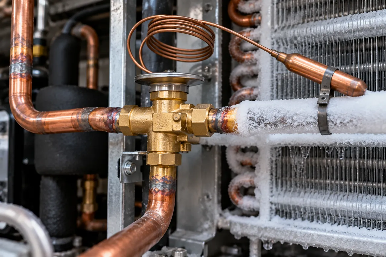 Thermostatic expansion valve and sensing bulb fitted on a walk-in cold room evaporator coil