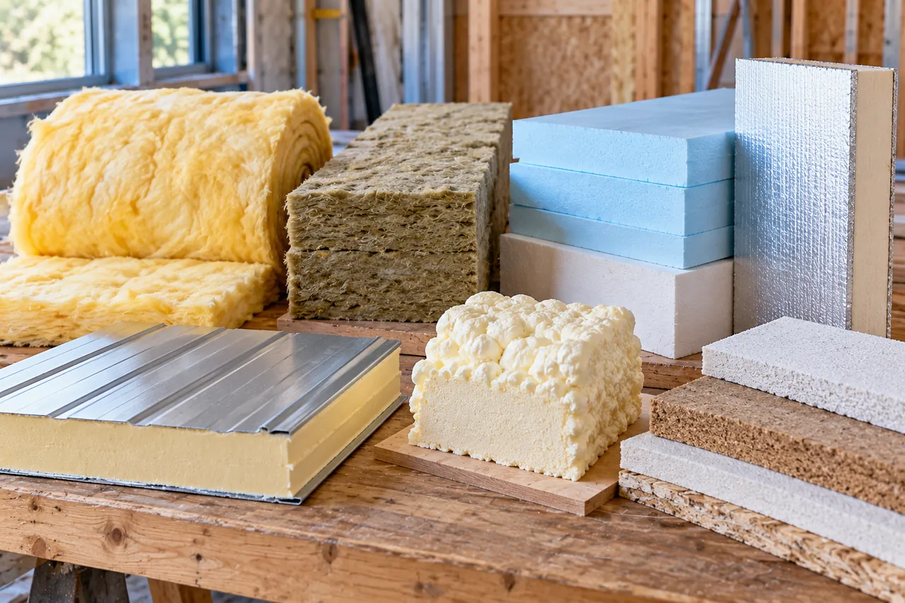 Different types of insulation side by side: fiberglass batt, mineral wool, EPS, XPS and foil-faced PIR board
