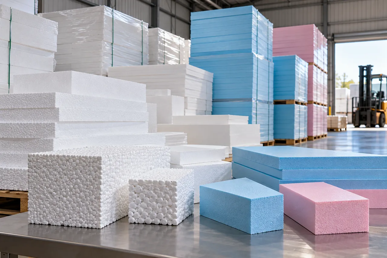 Stacks of styrofoam sheets in a warehouse, white EPS beside smooth XPS foam board with a cut edge visible