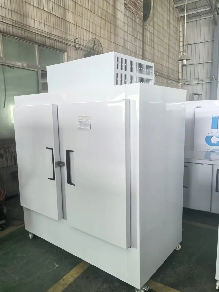 Two-door ice merchandiser on the factory floor before inspection